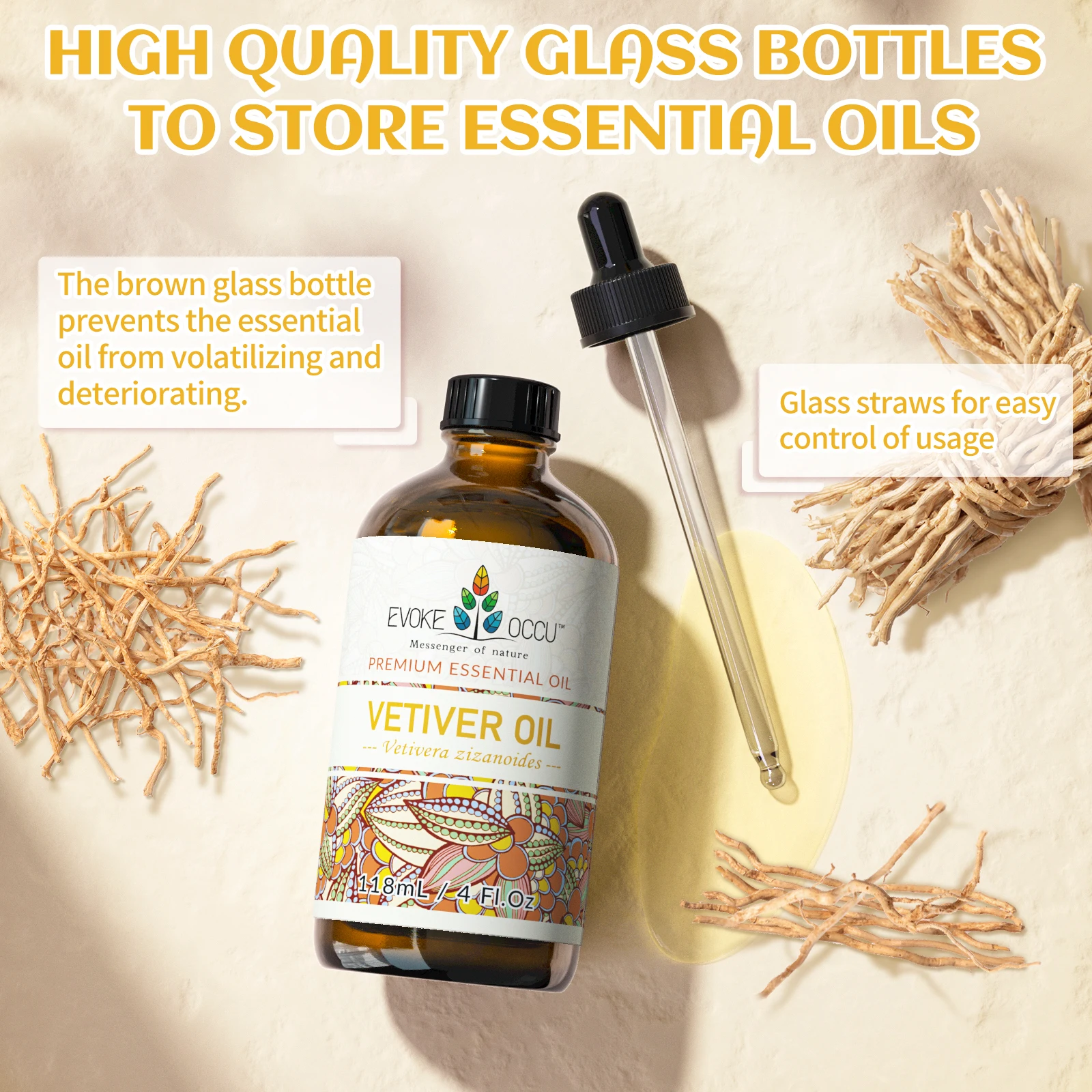 EVOKE OCCU 118ML/4 Fl.Oz. Essential Oils, Premium Vetiver Plant Oil for Aromatherapy, Diffuser, Humidifier, Massage, Skin, Hair,