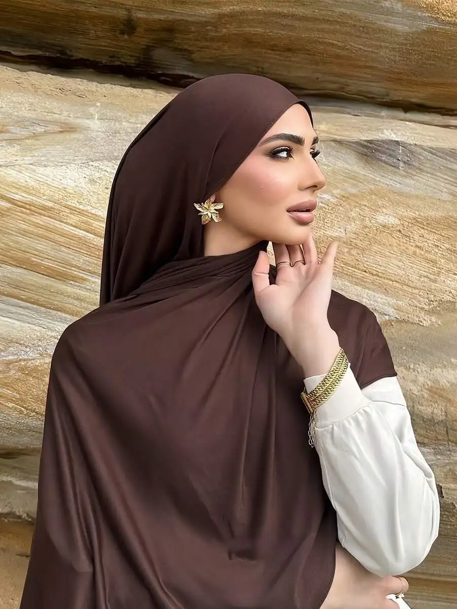 Elegante Pañuelo Largo Informal Tipo Turbante, Hijab de Punto Viscosa Premium de Color Sólido con Borde, para Mujer, para Uso Diario