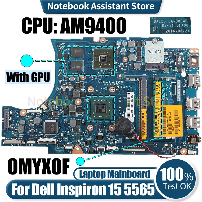 

For Dell Inspiron 15 5565 5765 5000 Laptop Mainboard LA-D804P 0MYX0F YX0F A9 AM9400 216-0890010 Notebook Motherboard Tested