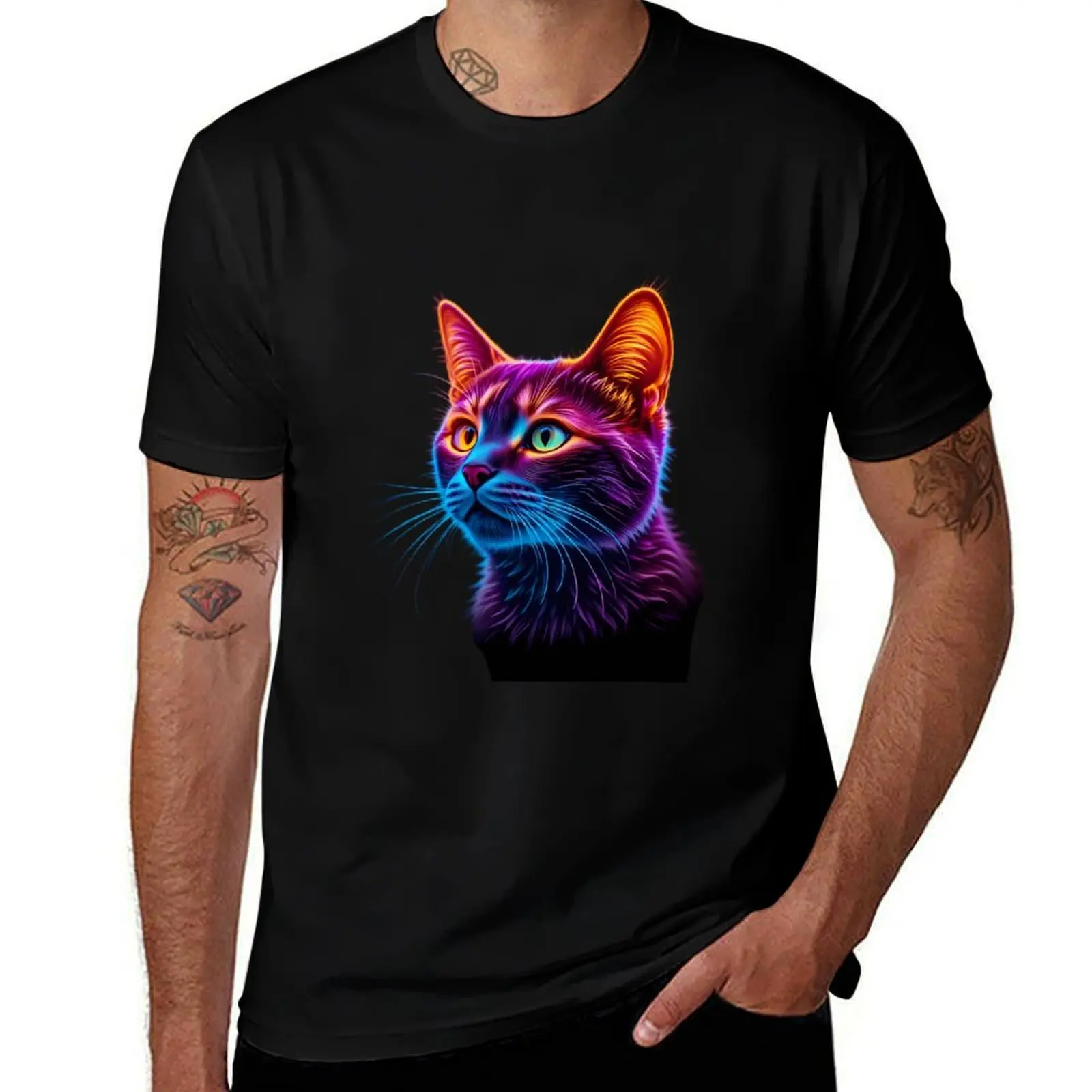 

Cute Cat Neon Art Jesus Vibrant Digital Expressions T-Shirt man t shirt graphics vintage t shirts Blouse compression shirt men