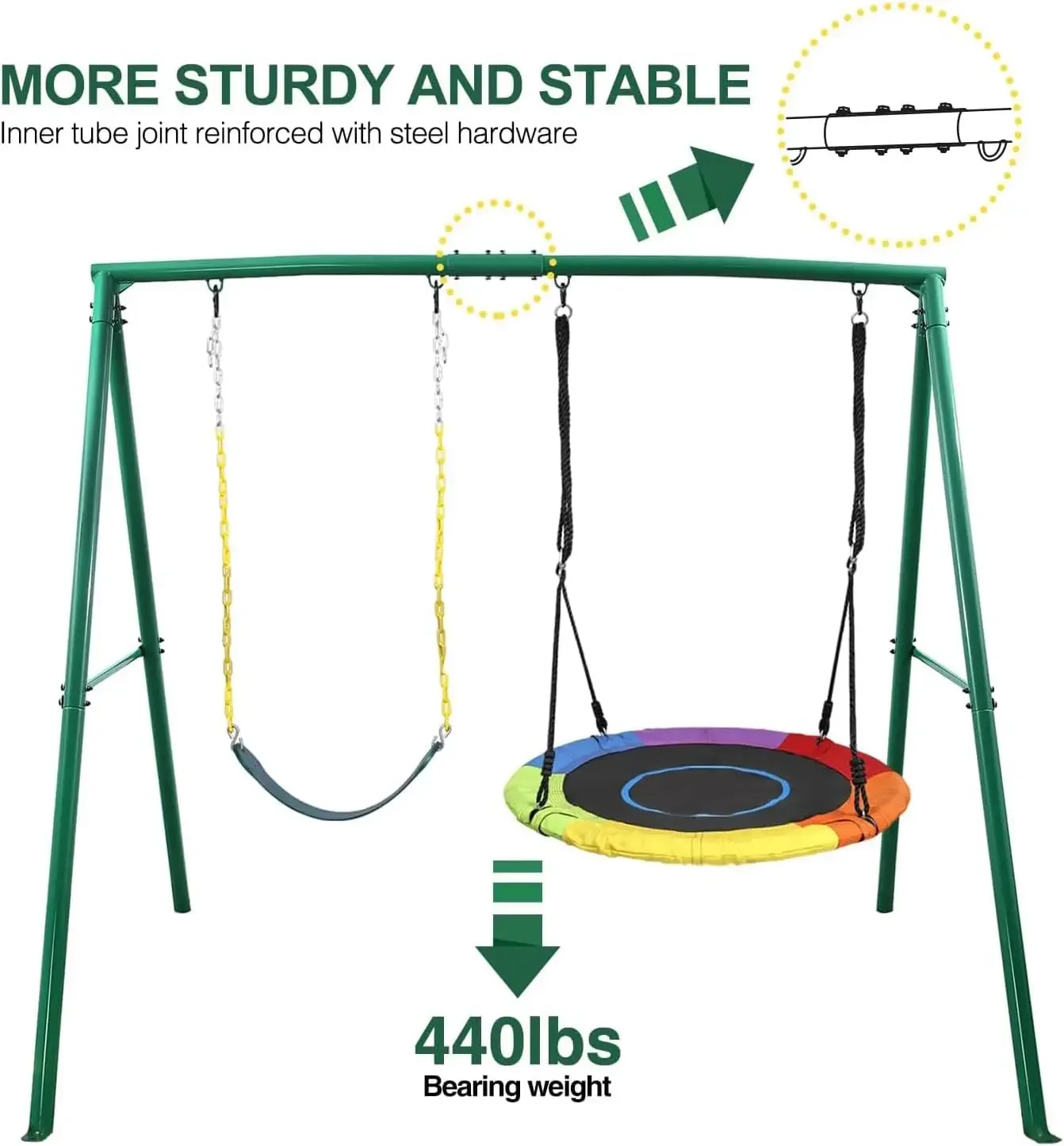 2 Seat Swing Set for Backyard, 1 Saucer Swing and 1 Belt Swing with Heavy Duty Outdoor