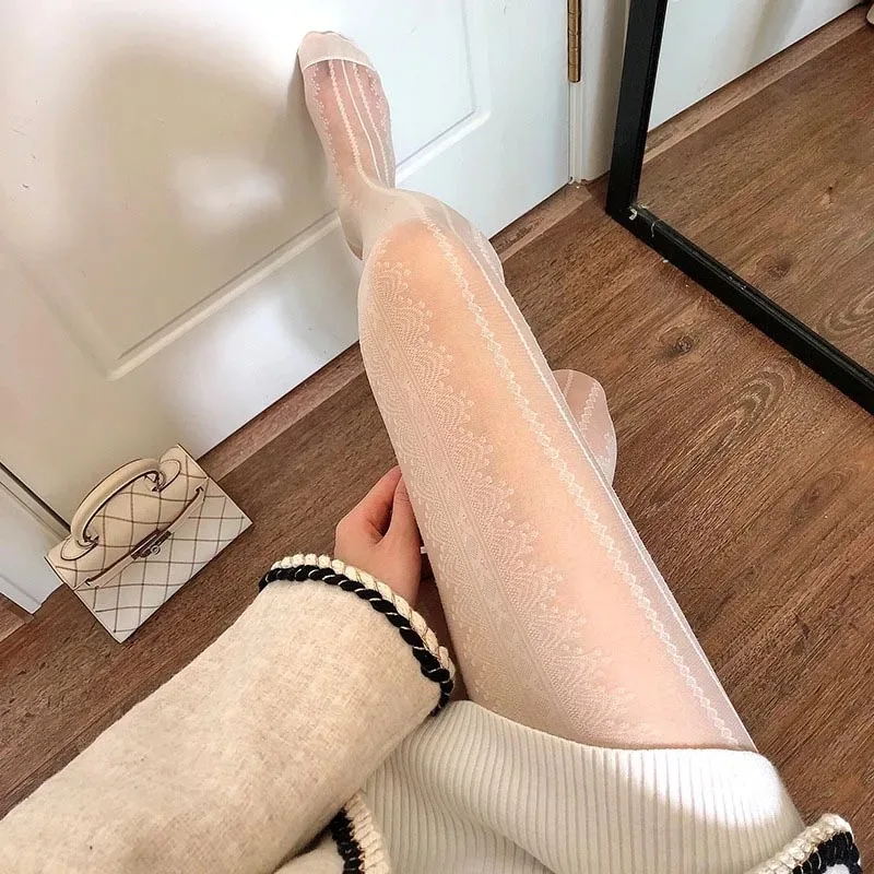 Sexy Black White Lolita Hollowed Lace Mesh Stockings Women Bottomed Pantyhose Japanese Goth Thin Stocking Hot Classic Tights