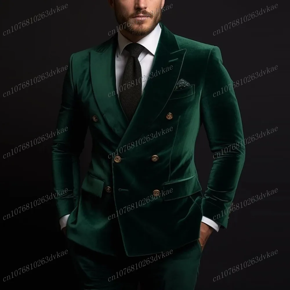 

New Green Velvet Men Suit Groom Groomsman Wedding Party Prom Formal Occasion Business Male Tuxedos 2 Piece Set Blazer Pants