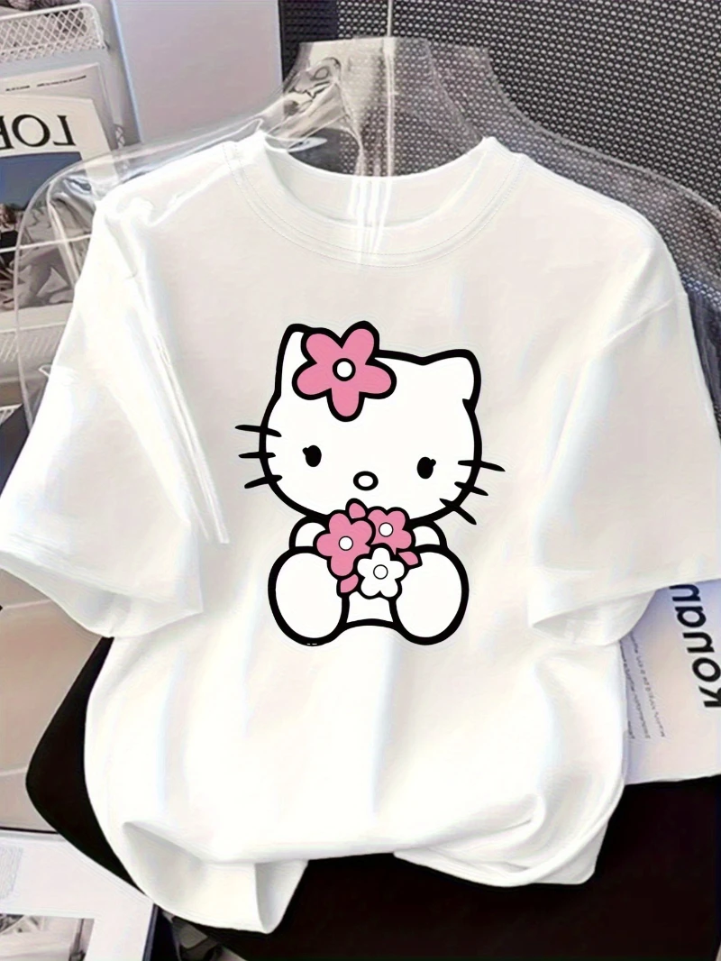 

Женская повседневная футболка Sanrio с коротким рукавом, короткий рукав с принтом Hello Kitty, японский и корейский свободный модный топ с круглым вырезом