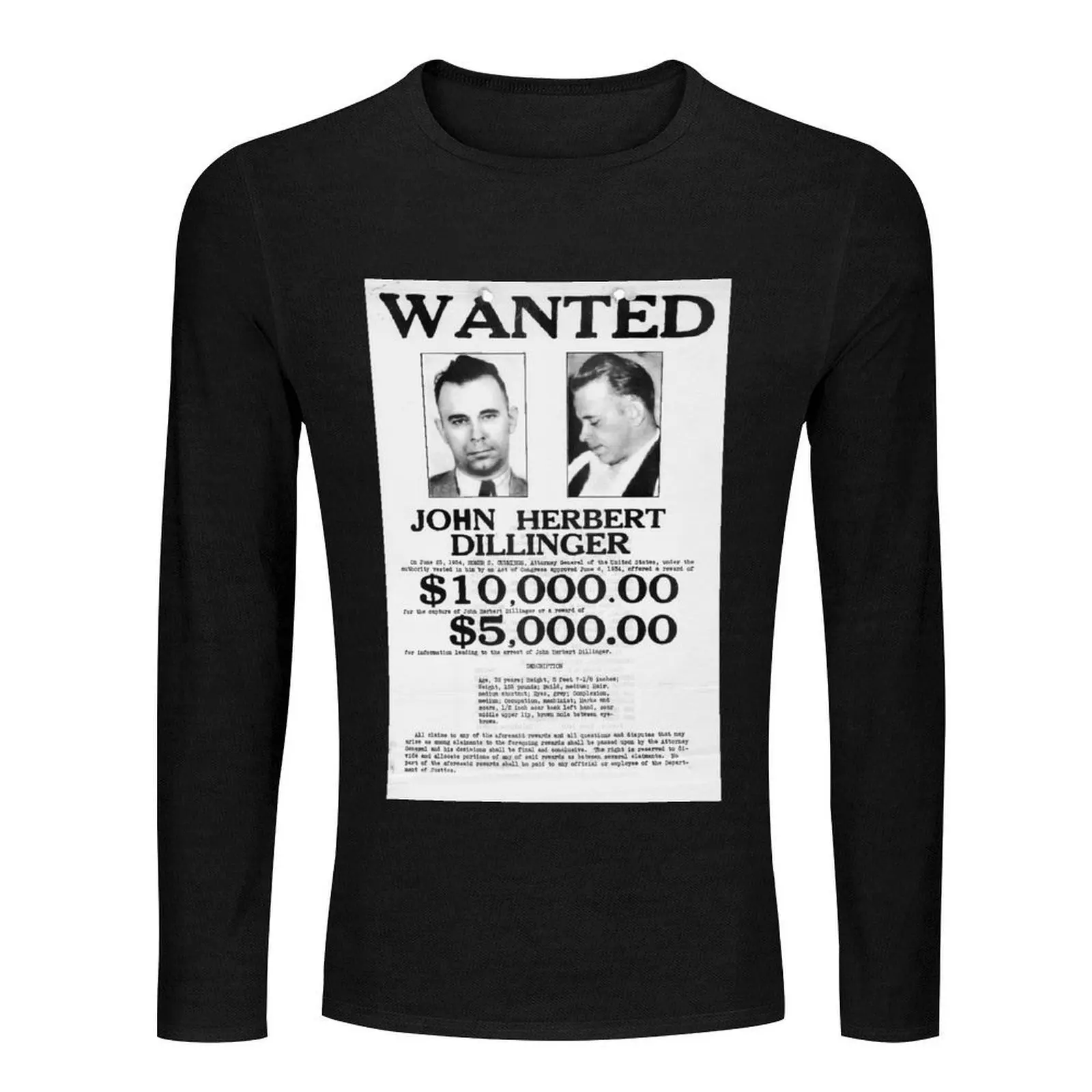 1934 أراد ملصق للعبوجات جون ديلينغر تي شيرت طويل تي شيرت الأولاد الأبيض تي شيرت تجريب القمصان للرجال