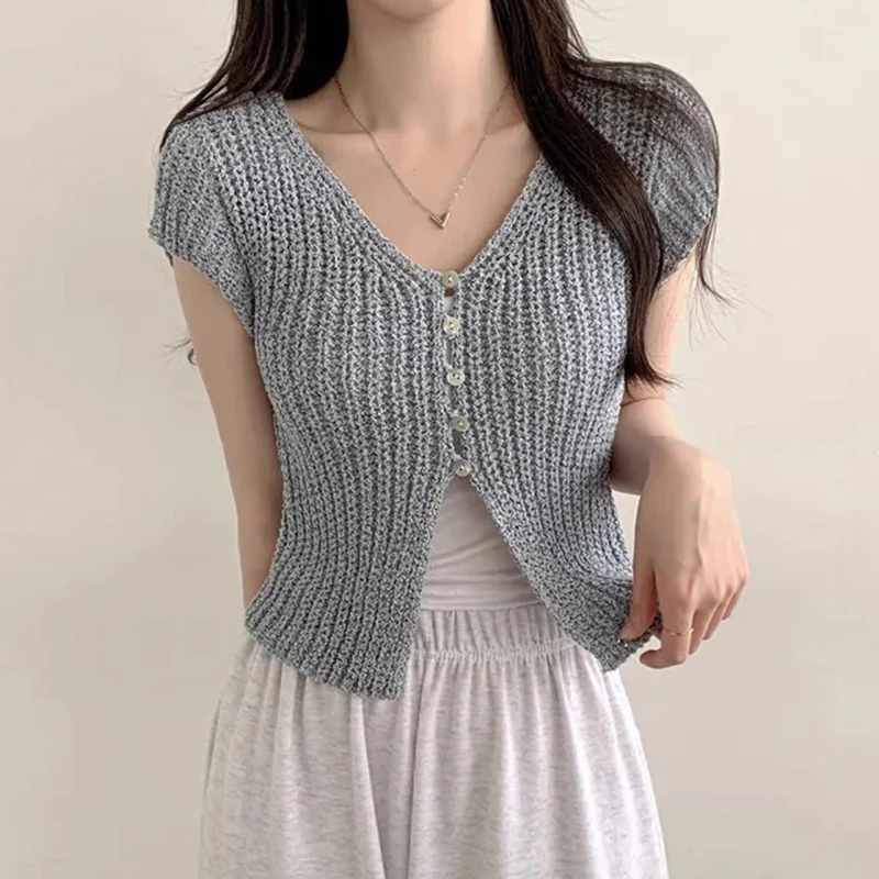 

Slim Fit ort Sve Knitted Top Women's Summer New Vintage Hollow out Design V-Ne Open Cardigan Versatile Sli Bodycon