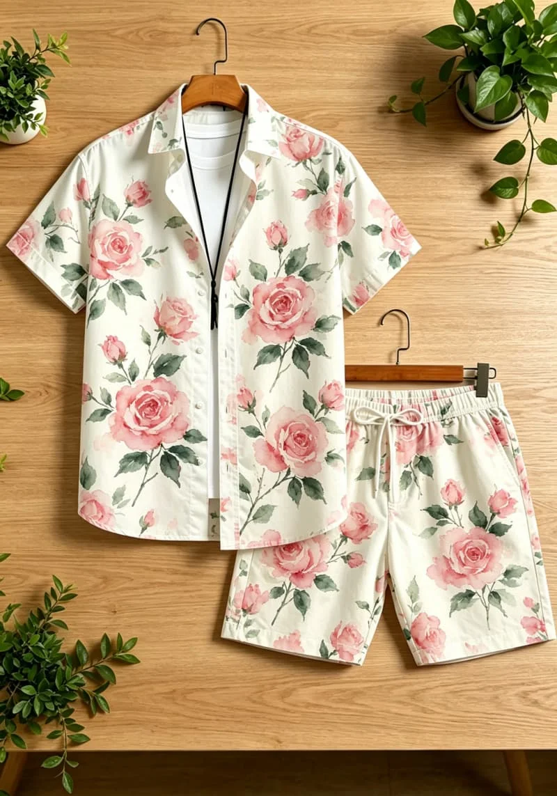 Ensemble deux pièces pour homme à imprimé floral aquarelle, chemise à manches courtes et short à cordon de serrage, adapté à toutes vos aventures estivales