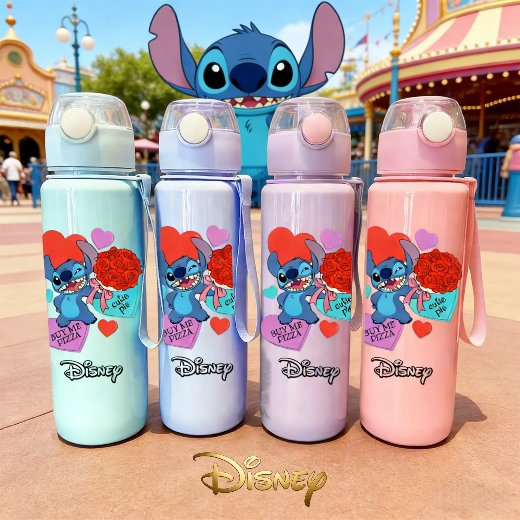 

Бутылка для воды с 3D-принтом Disney Stitch, новая крышка с кнопкой открывания, многоразовая легкая дорожная бутылка, романтичная и душевная.