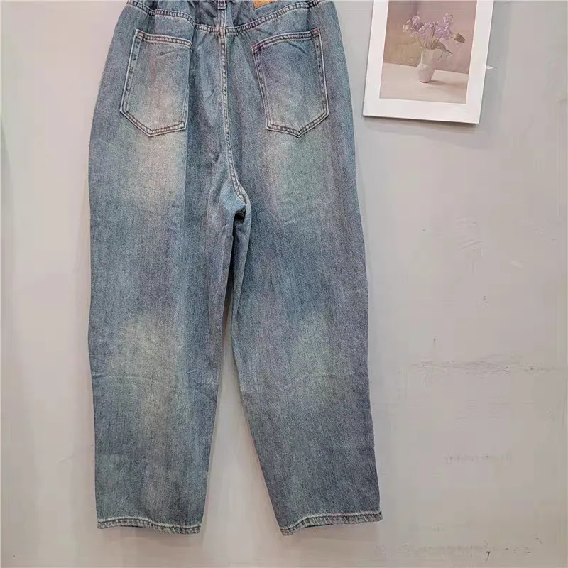 HKSH Spring Summer New Women Ins Chic High Street Three-dimensional Flower Diamonds Jeans Casual Elastic Waist Long Pants HK5965