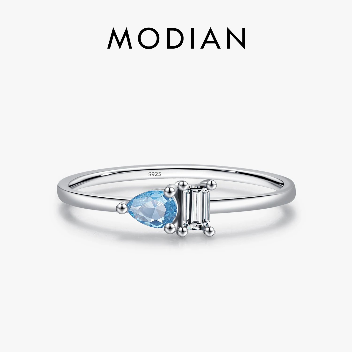 

MODIAN 925 Sterling Silver Classic Blue Water Drop Splicing Rectangle Shining CZ Ring For Women Wedding Party Fine Jewelry Gift