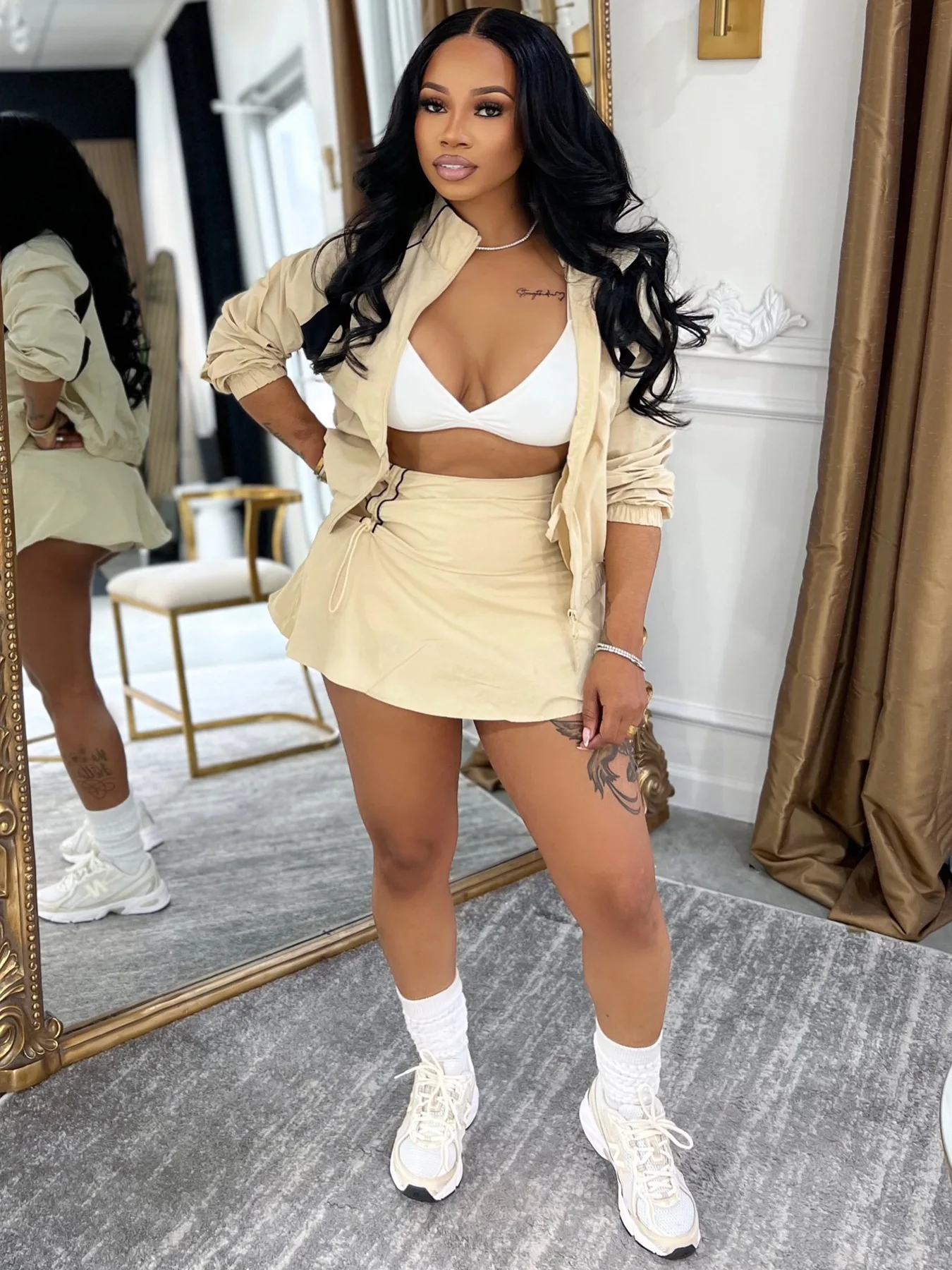 FAGADOER Casual kleurblok 2-delige sets Damesoutfit Trekkoord Ruches Patchwork Crop Top en rok Bijpassende vrouwelijke streetwear