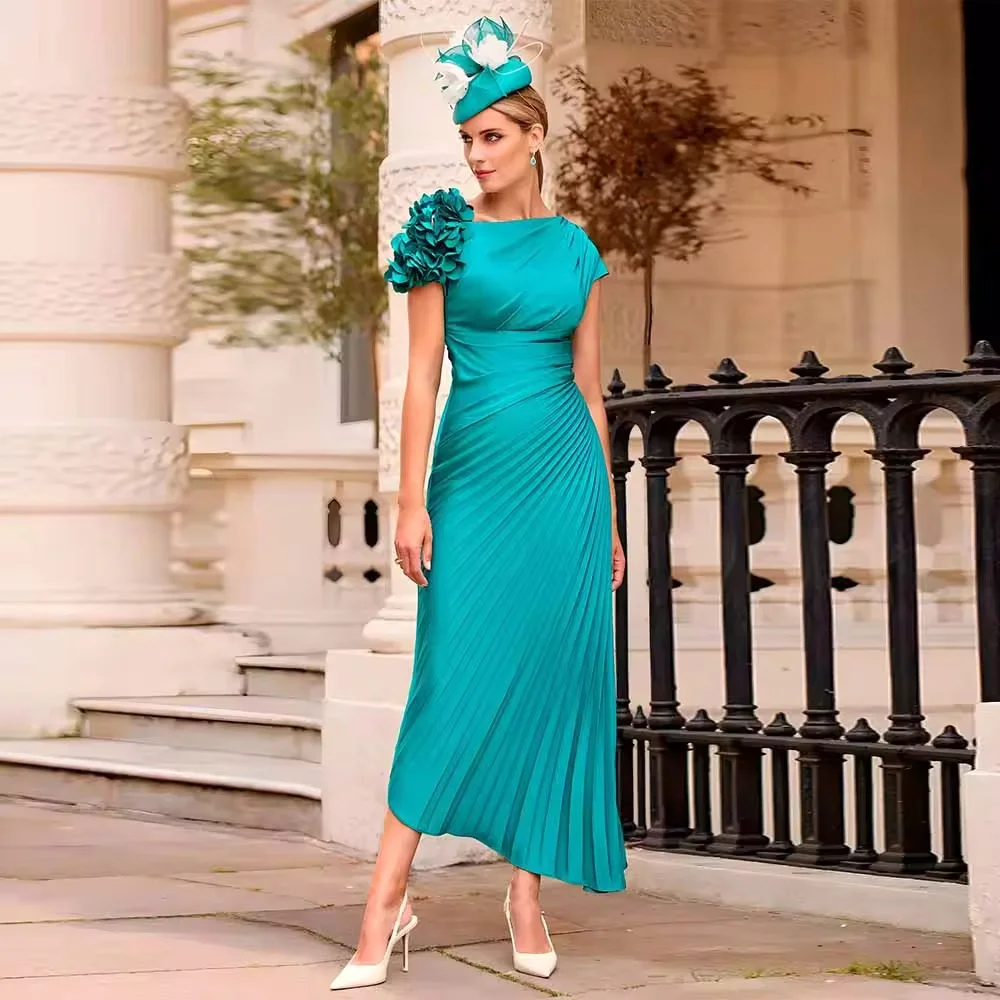 

Customized Chic Mother of the Bride Dresses Satin Sheath/Column Bridal Dress Turquoise Boat Neck Applique Ruched Prom Dress Mid
