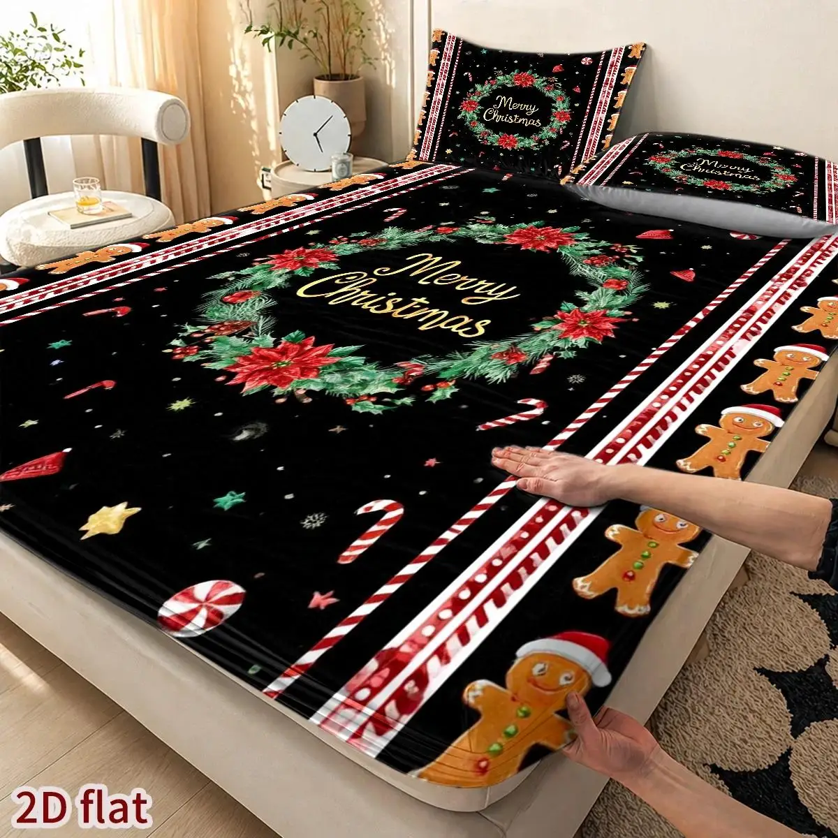 New Printed Three-Piece Bedding Set (Includes 1 Fitted Sheet + 2 Pillowcases) Mattress Protector 2D Flat Priting, Mattress Cover, Watercolor Hand-Painted Style, Merry Christmas Fitted Sheet Style, Elastic Protector, Holiday Decoration, Various Sizes, Breathable Protector with Pillowcase