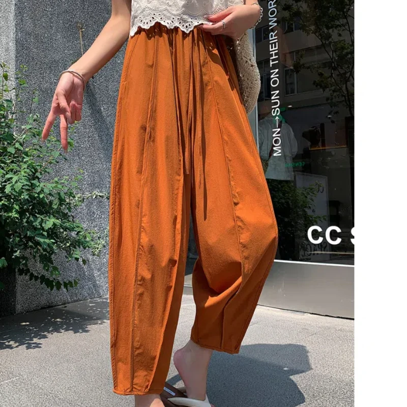 Spring Autumn New Fashion Solid Color Elastic Waist Women's Clothing Pockets Loose Quick Drying Chaopai Simplicity Haren Pants