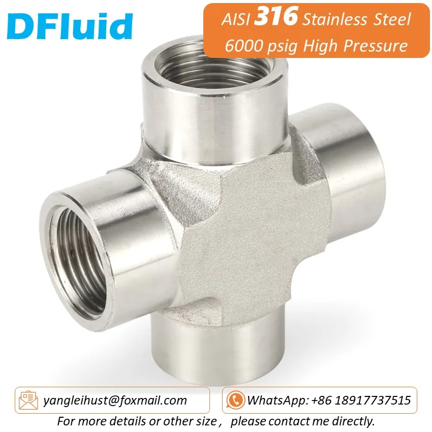 SUS 316 Female Thread CROSS 4-Way Connection NPT BSPT 1/8 1/4 3/8 1/2 High Pressure 6000psig 40MPa Stainless Steel Pipe Fitting