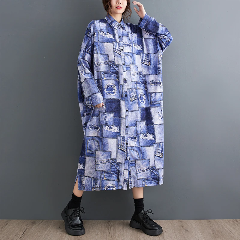 #6844 Vintage Long Shirt Dress Women Loose False Denim Printed Midi Dress Long Sleeve Retro A-line Dress Front Buttons Autumn