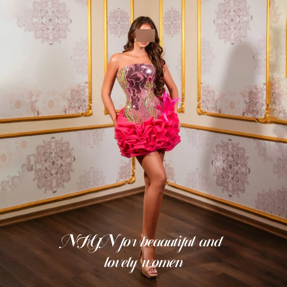 NFYN Fabulous Fuchsia Strapless Short Mini Prom Dress Beaded Sequin Floral Ruffled Skirt Cocktail Homecoming Evening Customized