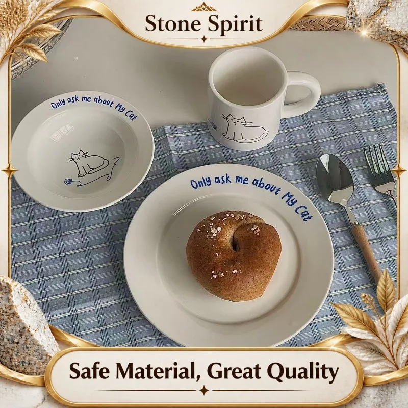 Creative Cat Dog Ceramic Dish Set, Microwave Safe Bowl Cup & Plate for Breakfast Dessert, Cute Animal Themed Tableware for Home