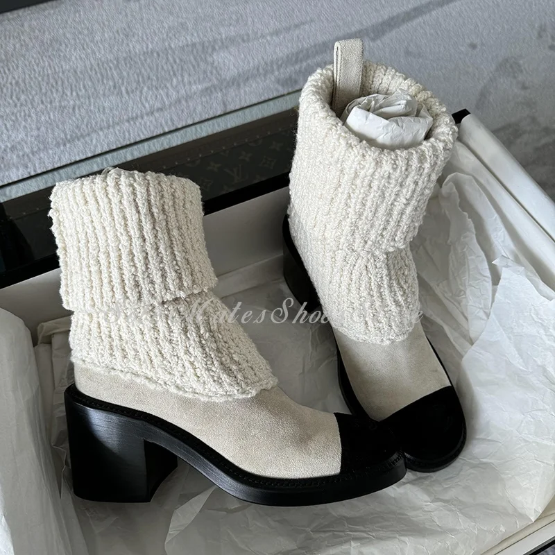 Botas modernas con costuras de punto blanco para mujer, botas coreanas de tacón alto grueso de cuero genuino, botas de nieve cómodas y cálidas a media pantorrilla