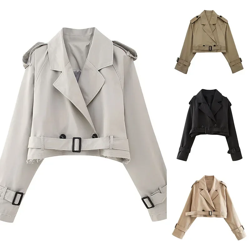 

Women's Short Jacket Khaki Cropped Trench Coat Lapel Collar Top Long Sleeve Jackets with Belt Female Coat Spring Streetwear