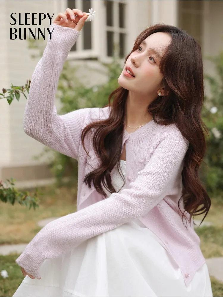 

Lady Elegant Cardigan Sweet Crochet Knit Casual Sweater Soft Round Neck Spring Outerwear for Women with Slim Fit Gentle Style