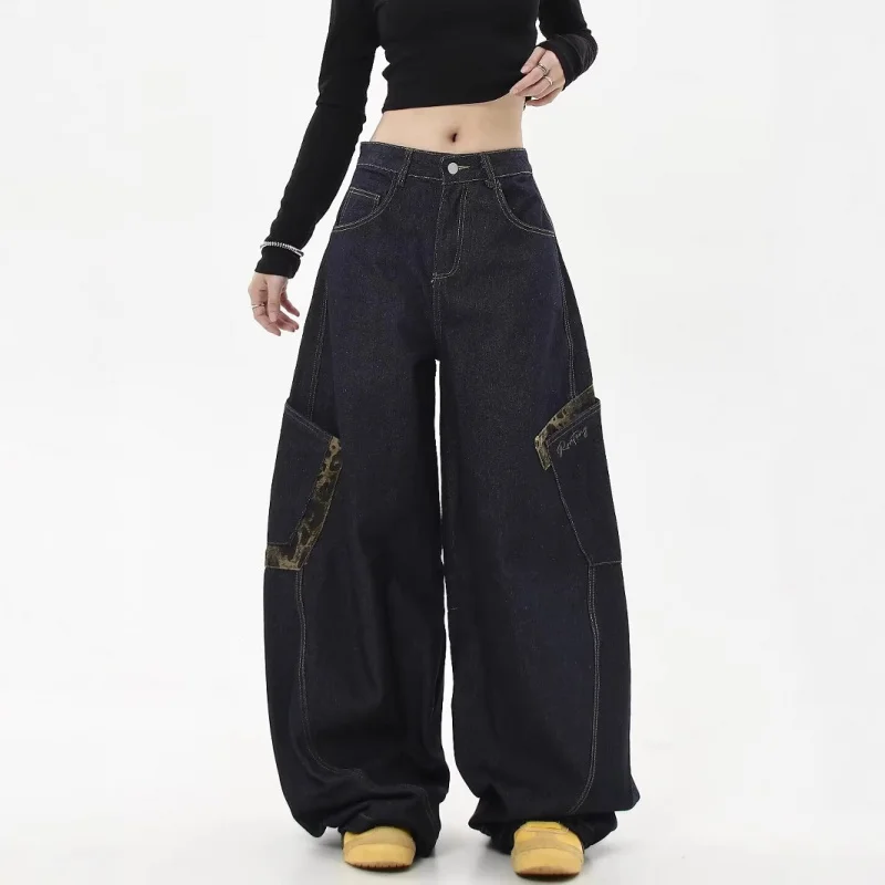 بنطال جينز أمريكي ريترو نيش المتعثر واسع الساق للنساء، سروال سليميتار جديد فضفاض بطبعة الفهد #3