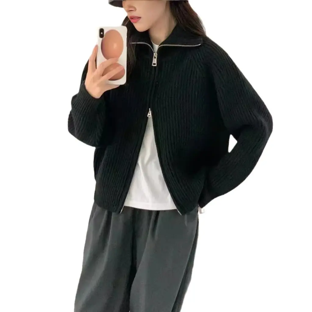 

Women's Solid Color Long Sleeve Knitted Coat Double Zipper Design Pit Strip Sense Ras Simple Sweater for Ladies