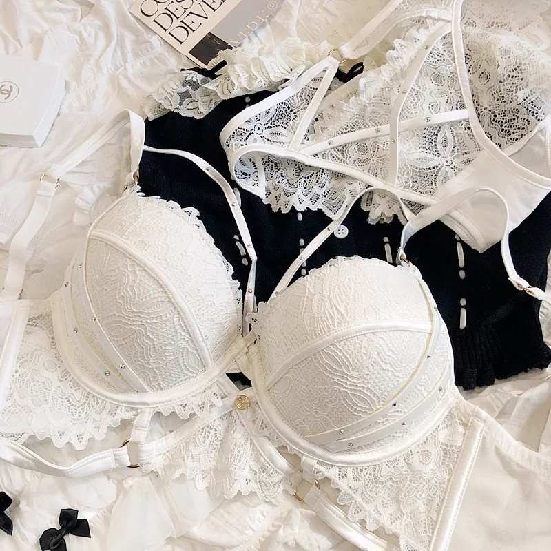 Sexy Hollow Bandage Rhinestone Bralette Small Chest Gathering Bra Set Thick Underwear Bras Large Size Push Up Lingerie Panty