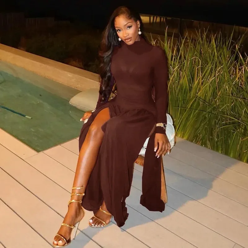 

Women's Turtleneck Long Sleeve Pleated Split Hips Wrapped Long Dress, Solid Color