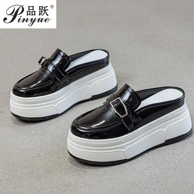

8.5cm New Genuine Leather Platform Wedge Slippers Sandle Sneaker Women Shoes Heels Summer Patent leather casual shoes 34-39