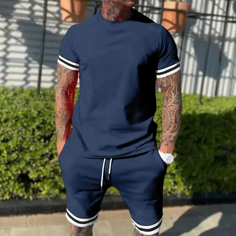 Men Casual 2-piece Set Outdoor Fashion O-Neck Short Sleeve T-shirt Elastic Waist Shorts Breathable High Street Sports Wear