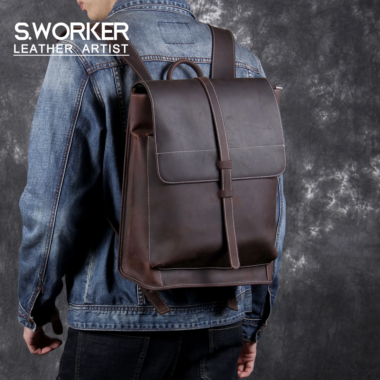 Vintage Echtleder Herrenrucksack Handgefertigte Top-Grain-Leder Laptop-Umhängetasche Crazy Horse Tasche Mode für Männer – Detail 2