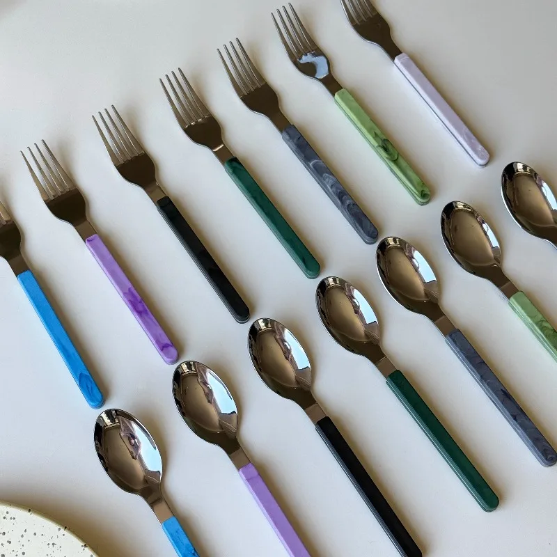 

Stainless Steel Fork Spoon Tableware Set for Household Use, Ins Style, Simple and Modern Tableware Solid Color Handle Spoon Fork