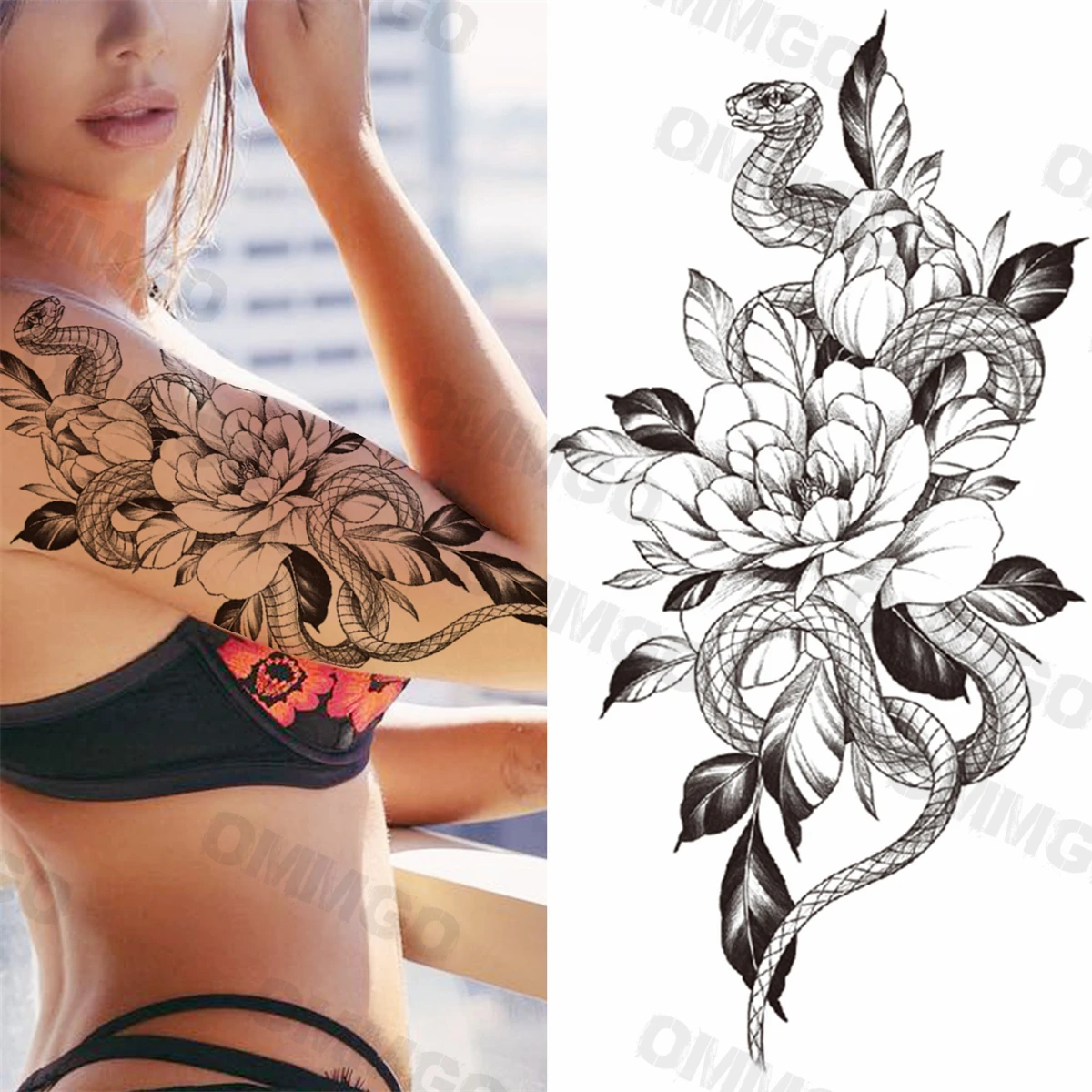 Tatuaggi temporanei posteriori Sexy del serpente del fiore della rosa nera per le donne ragazza adulta peonia loto tatuaggio finto braccio polpaccio decalcomania impermeabile del tatuaggio