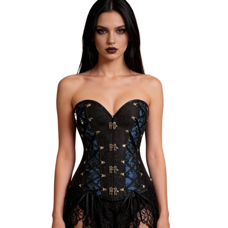 

Black Blue Brocade Corset Top Gothic Steampunk Waist Cincher Body Shaper for Women