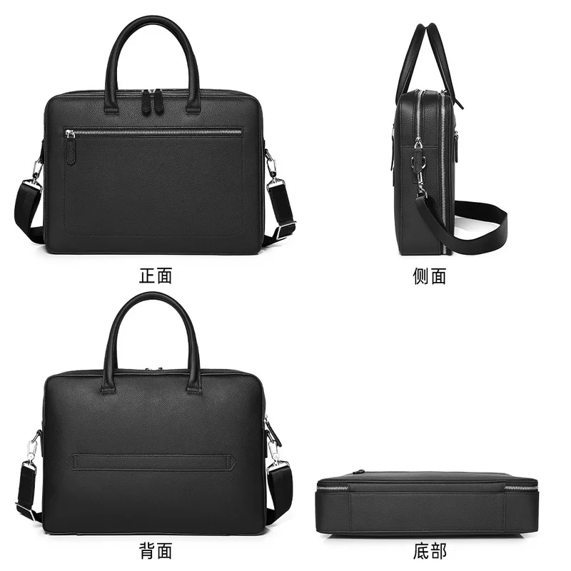 New genuine leather briefcase, top layer cowhide double zipper men's computer handbag, simple business commuting shoulder bag