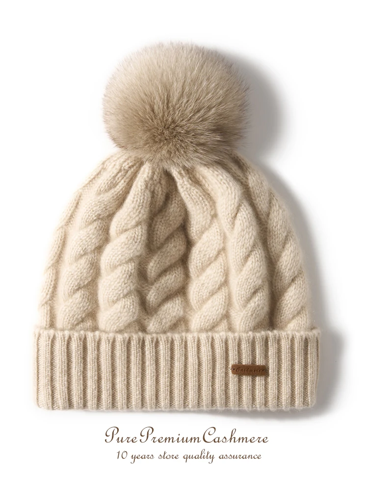 100% Mongolian Cashmere Beanie 3D-Cable Women Pom-pom Real Rabbit Pompoms Hat Soft Men Winter Knitted Pure Cashmere Warm Caps