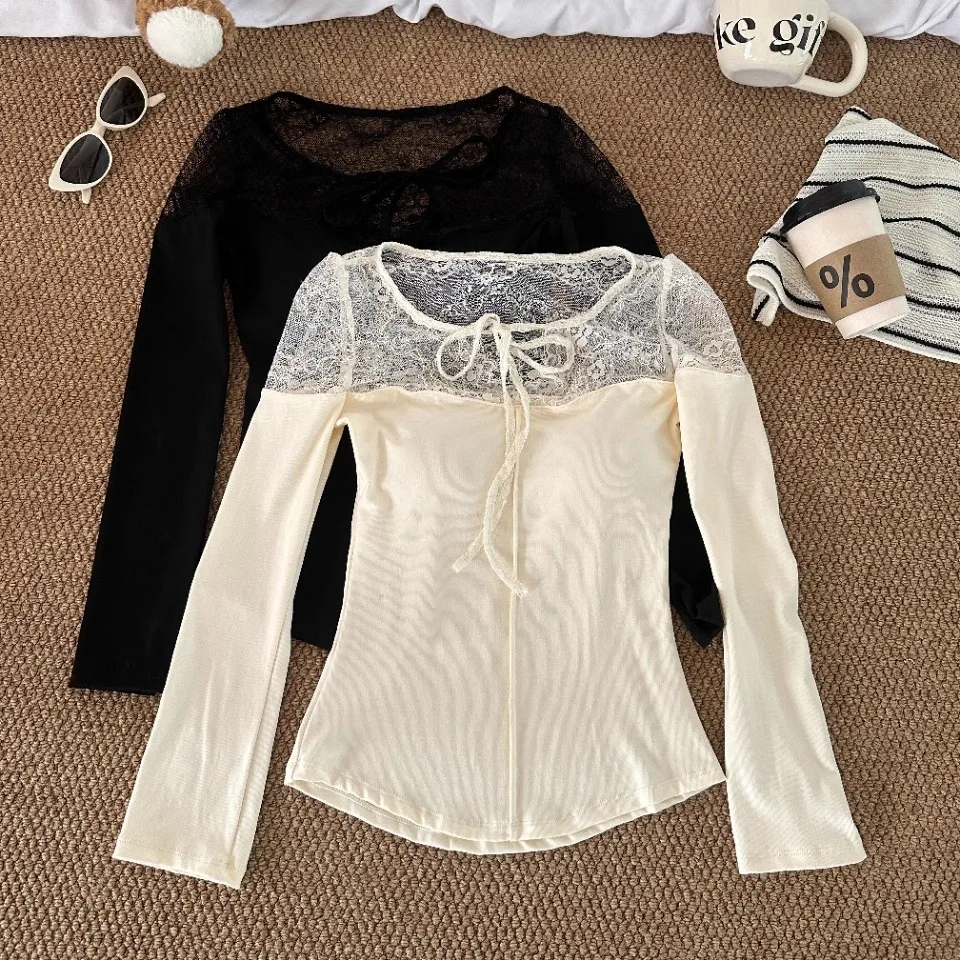 Sexy Lace Hollow out Long Sleeve T-Shirt Women's Slim Fit Fixed Strap Chest Pad Top Cotton Nylon Spandex Blend Casual Wear