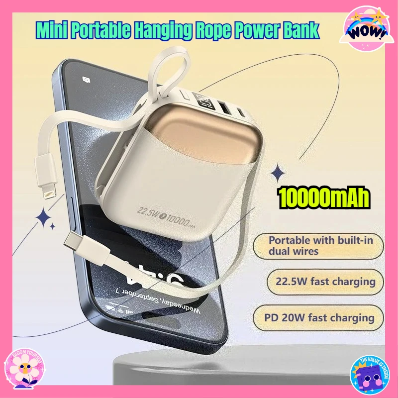 

10000mAh Mini Portable Hanging Rope Power Bank Super Fast Charging with Built-in Cable Mobile Power Supply