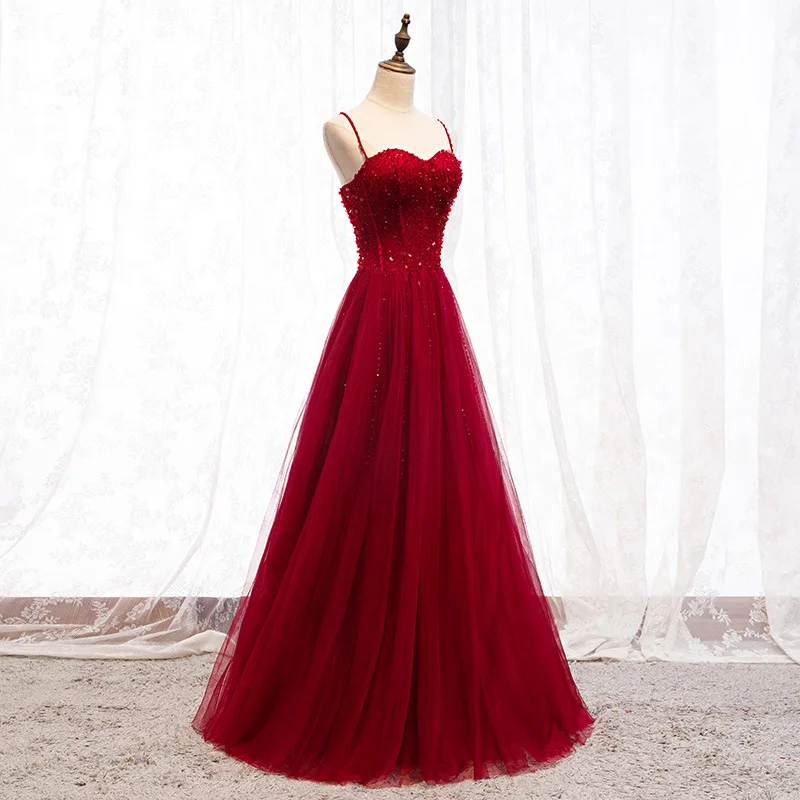 Bridal Toast Dress Red Sparkling Starry Sky Strap A-line Dress Engagement Light Yarn Long Banquet Evening Dress Customized