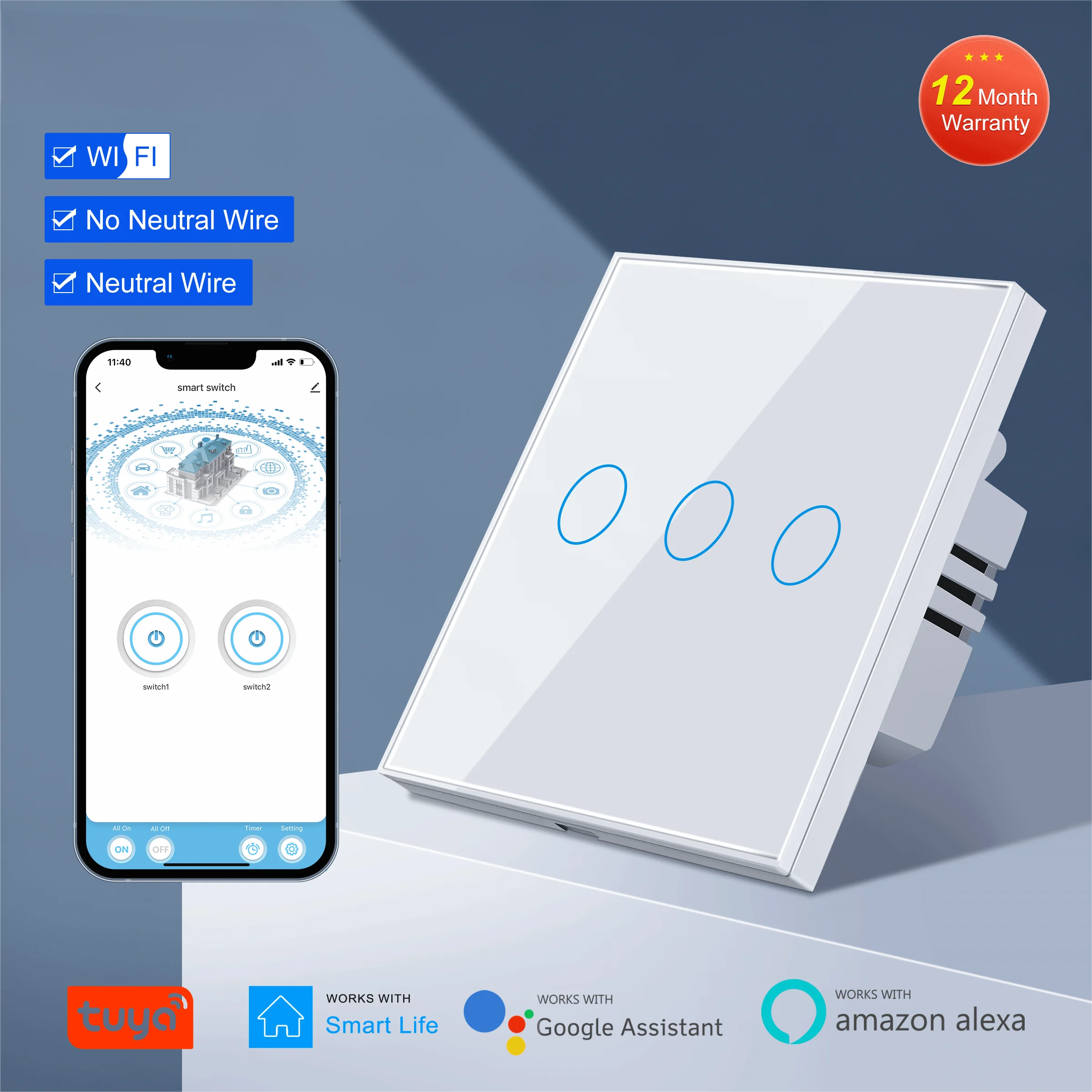 

Wifi Wall Touch Switch EU No Neutral Wire Required Smart Light Switch 1 2 3 Gang 220V Tuya Smart Home Support Alexa Google Home