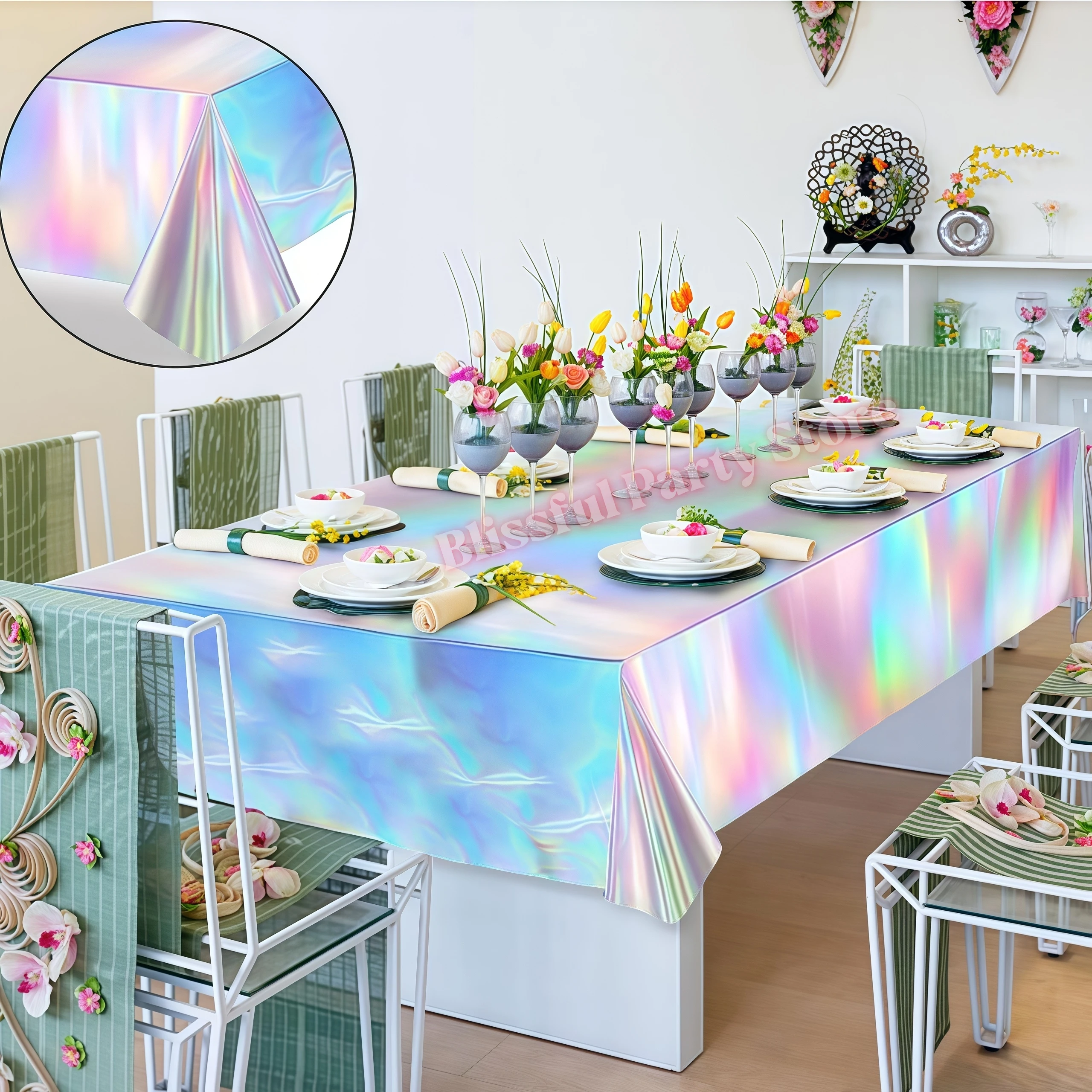 Rosa-Lila Laser-Tischdecke Schimmernde Laser-Regenbogen-Tischdecke Geburtstags-Party-Dekoration Hochzeit Festliche Babyparty-Zubehör – Detail 2