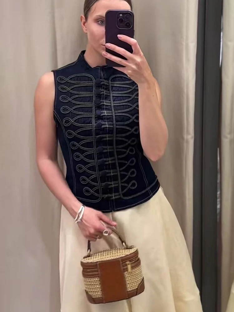 Women Summer Dark Denim Vest Stand Collar Vintage Single Breasted Cropped Fitted Sleeveless Waistcoat Fashion Streetwear