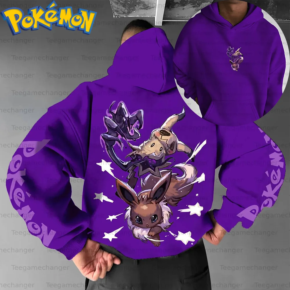 Pokemon Anime Katoenen Hoodie Harajuku Broek Set Paars Karakterprint met Sterpatroon Tweedelige Outfit Casual Streetwear