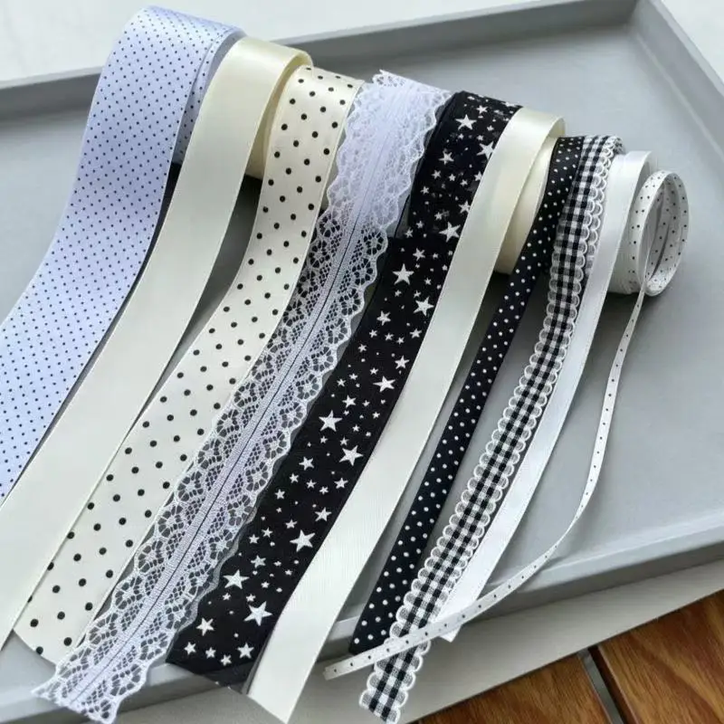 10-teiliges Set aus schwarz-weiß gepunkteten und sternförmigen Spitzenbändern, Geschenkverpackung für Bars, DIY-Verpackung, Hängematerial-Paket – Detail 3