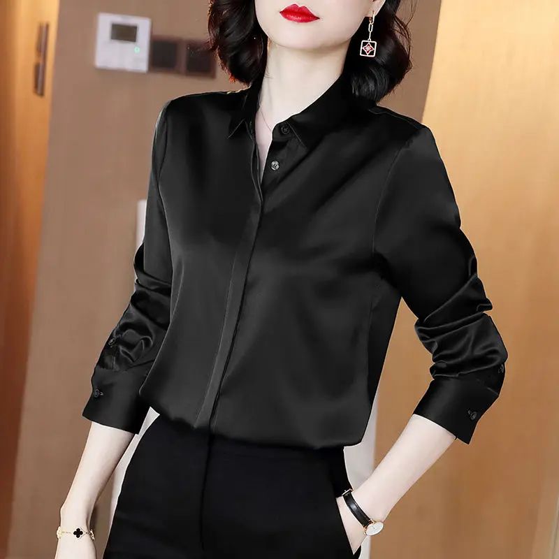 Women High Quality Satin Elegant Formal Shirt Fashion Business Casual Office Lady Basic All Match Blouse Solid Long Sleeve Tops