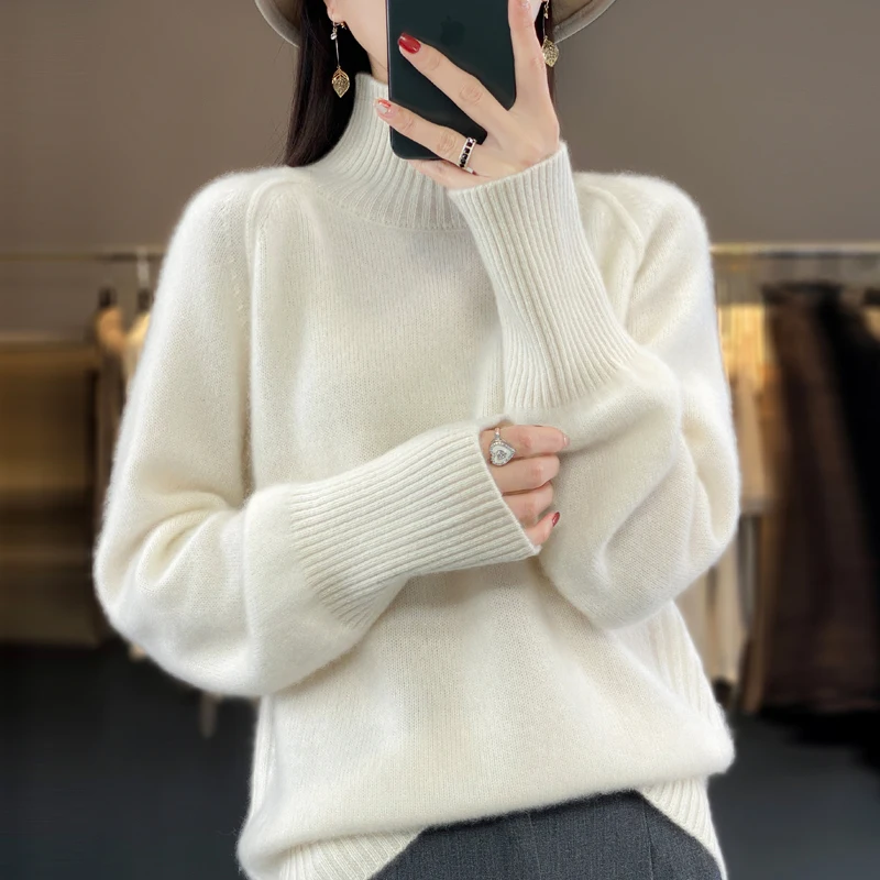 

100% Pure Wool Thickening Soft Sweater Women High Collar Pullover Autumn Winter Casual Loose Knit Top Female Regular Knitwear