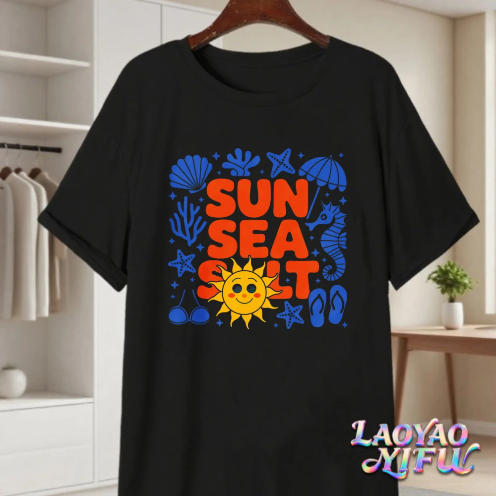 Sun Sea Salt Summer Beach Graphic Tee Y2K Aesthetic 2000s Beach Casual Tshirt Vacation Ocean Style Streetwear Women Cotton Tops