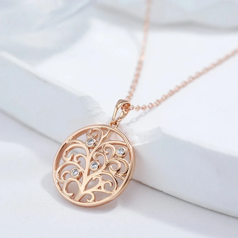 Kinel Hot 585 Rose Gold Color Crystal Flower Pendant Necklace For Women Shiny Natural Zircon Unusual Creative Daily Fine Jewelry