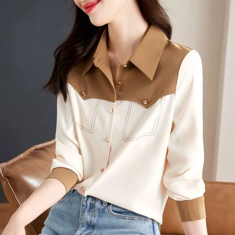 Women\'s Long Sleeve Chiffon Blouses 2024 Spring and Autumn New Korean Commute Contrast Color Patchwork Lapel Button Casual Shirt